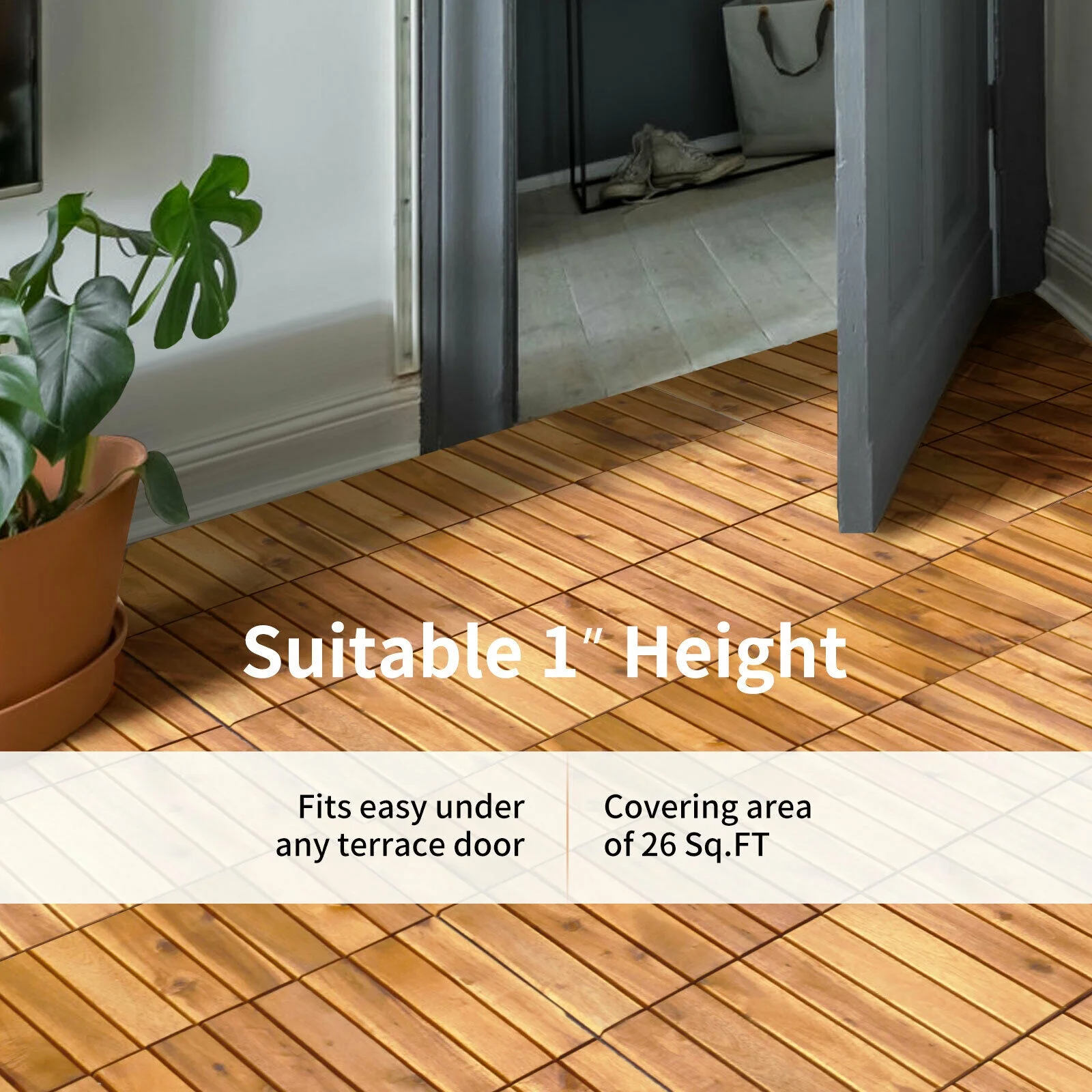 Patiojoy 27PCS 12"x12" Patio Interlocking Tiles Acacia Slat Wood Garden Outdoor &Indoor