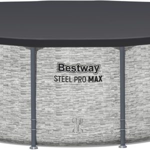 Steel Pro MAX 14 Foot x 48 Inch Round Metal Frame Above Ground Outdoor Swimming Pool Set with 1,000 Filter Pump, Ladder, and Cover, Gray