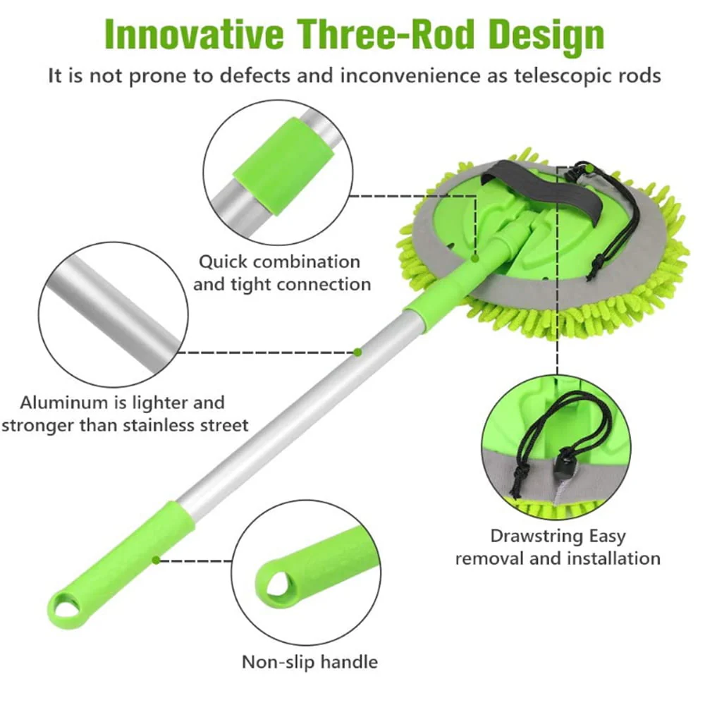 45'' Car Wash Brush with Long Handle Car Wash Mop Mitt Sponge Chenille Microfiber Car Brush Kits Car Cleaning Tools Supplies Duster Scratch Free 180 Degree Rotation for Washing RV Truck and Bus