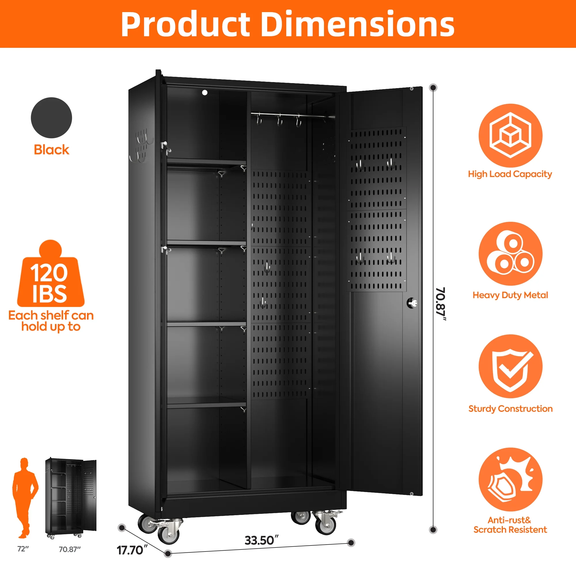 GangMei 71-Inch Metal Lockable Storage Cabinet with Pegboards and 5 adjustable shelves, White, Assembly Required
