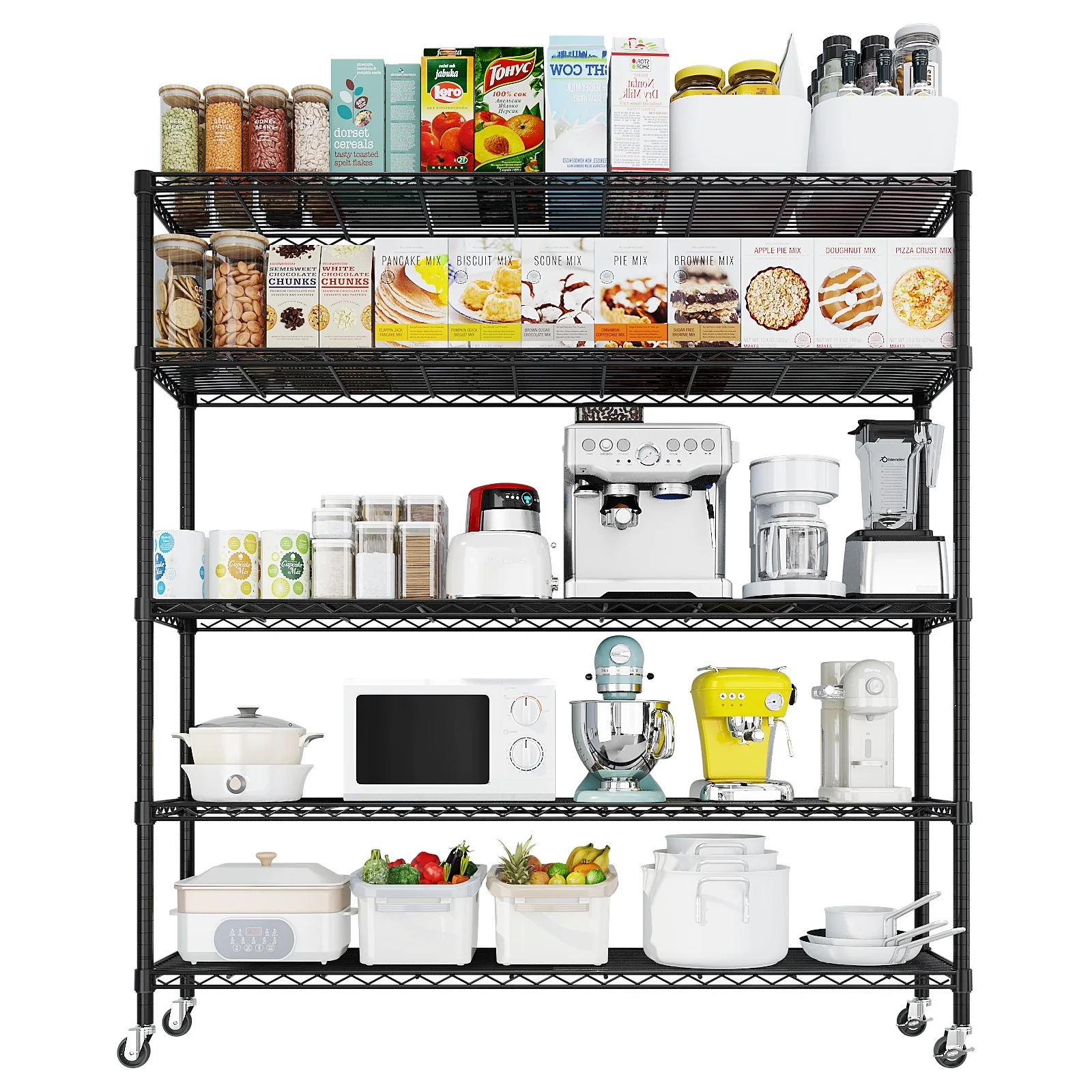 Ktaxon 4 Tier Wire Shelving with Wheels, 46"W x 17.7"D x 65"H Multifunctional Storage Rack Metal Garage Shelves Organizer, Capacity for 800lbs, Black