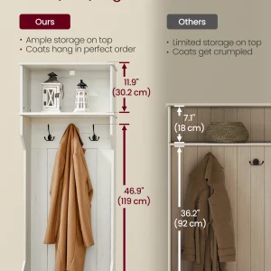 Farmhouse-Inspired Entryway Organizer, Triple Hooks & Built-In Shoe Bench, Hall Tree Entryway Bench for Mudroom & Foyer, Space-Saving Coat Rack with Storage Cabinet, Rustic White and Honey Brown
