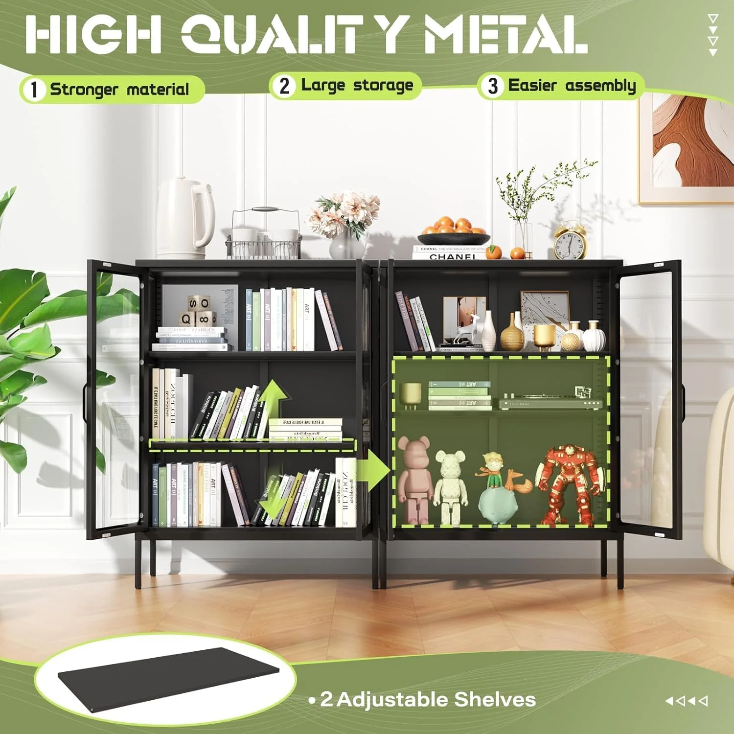 SUNCROWN Metal Storage Cabinet, Curio Display Cabinet with 2 Glass Display Door and 4 Shelves, Side Storage Organize, Modern Bookshelf Cabinet for livingroom, Bedroom, Kitchen, Black
