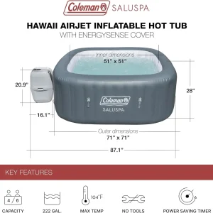 4 to 6 Person Inflatable Hot Tub Square Portable Outdoor Spa with 114 Soothing AirJets and Insulated Cover, Gray-Coleman