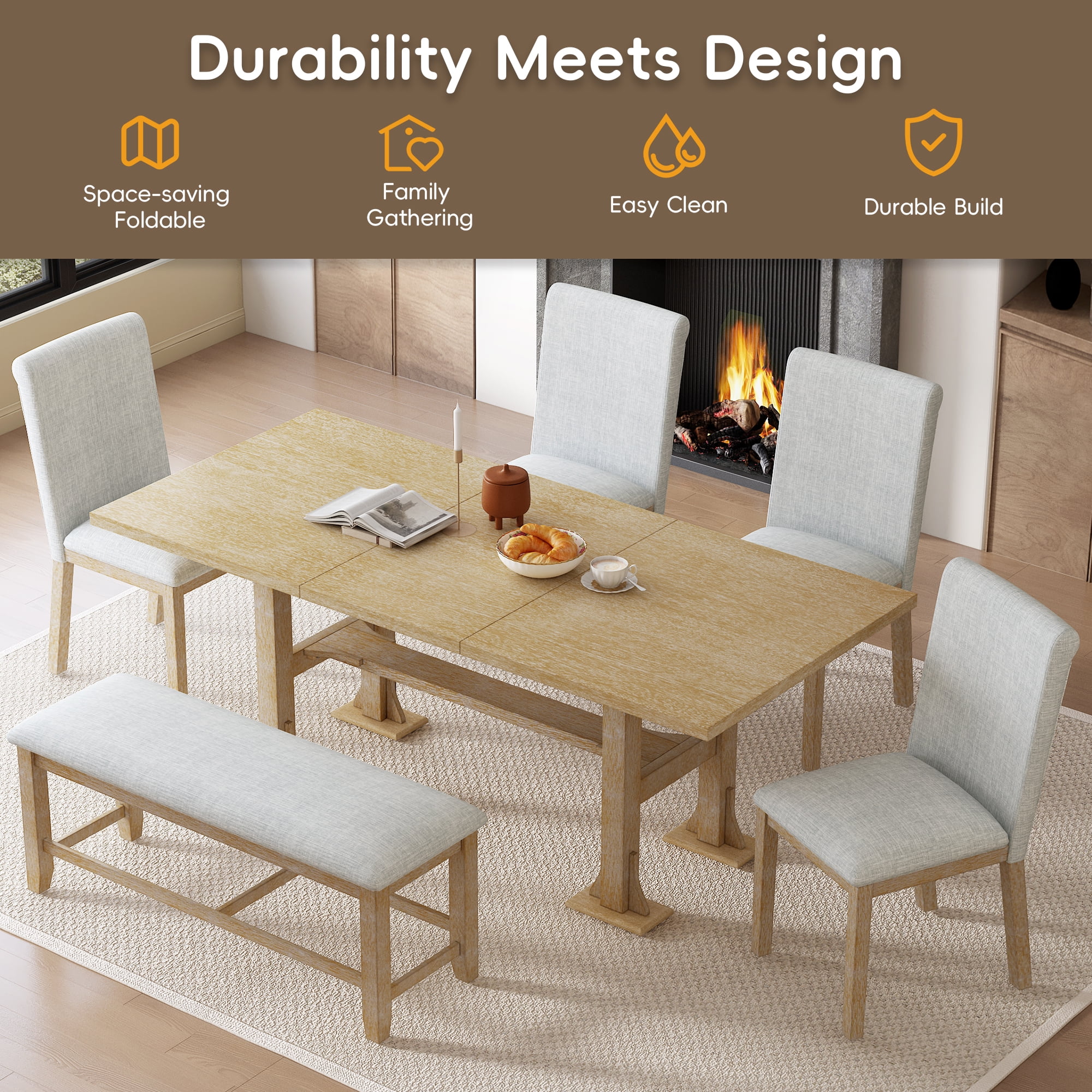 Harper & Bright Designs 6 Pieces Dining Table Set with Bench for 6, Kitchen Table Set with Storage Drawer and 4 Upholstered Dining Chairs, Dark Brown