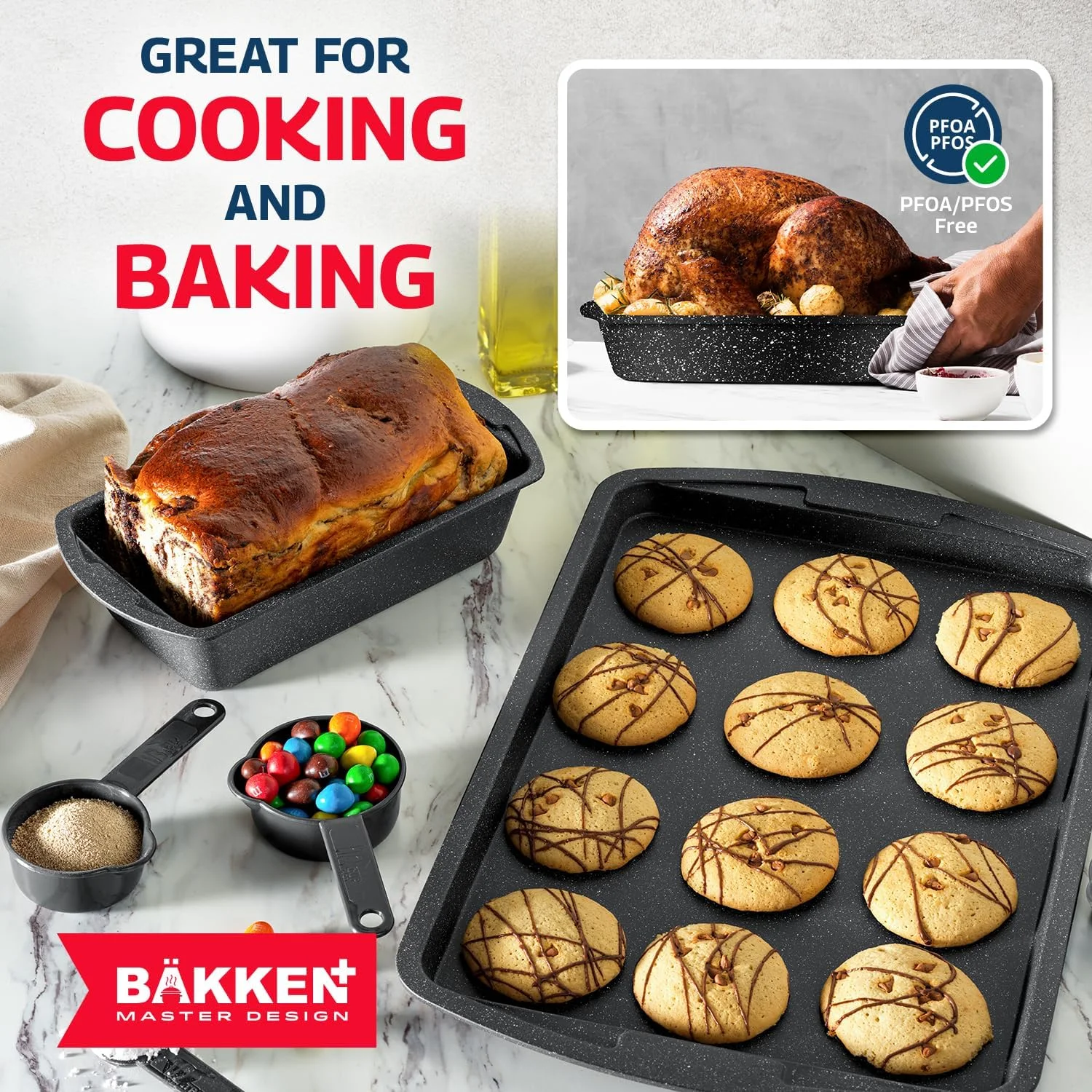 Bakken Master 38 Piece Granite Cookware and Bakeware Set -C Nonstick Granite Coating, Pots and Pans with Detachable Handles and Tempered Glass Lids, 6-piece Bakeware set, 12-piece Mixing Bowls,Brown
