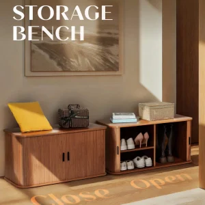 Putuo Decor Fluted Entryway Shoe Storage Bench with Adjustable Shelf, Shoe Rack Bench with Sliding Tambour Door for Living Room, Bedroom, Hallway, Walnut
