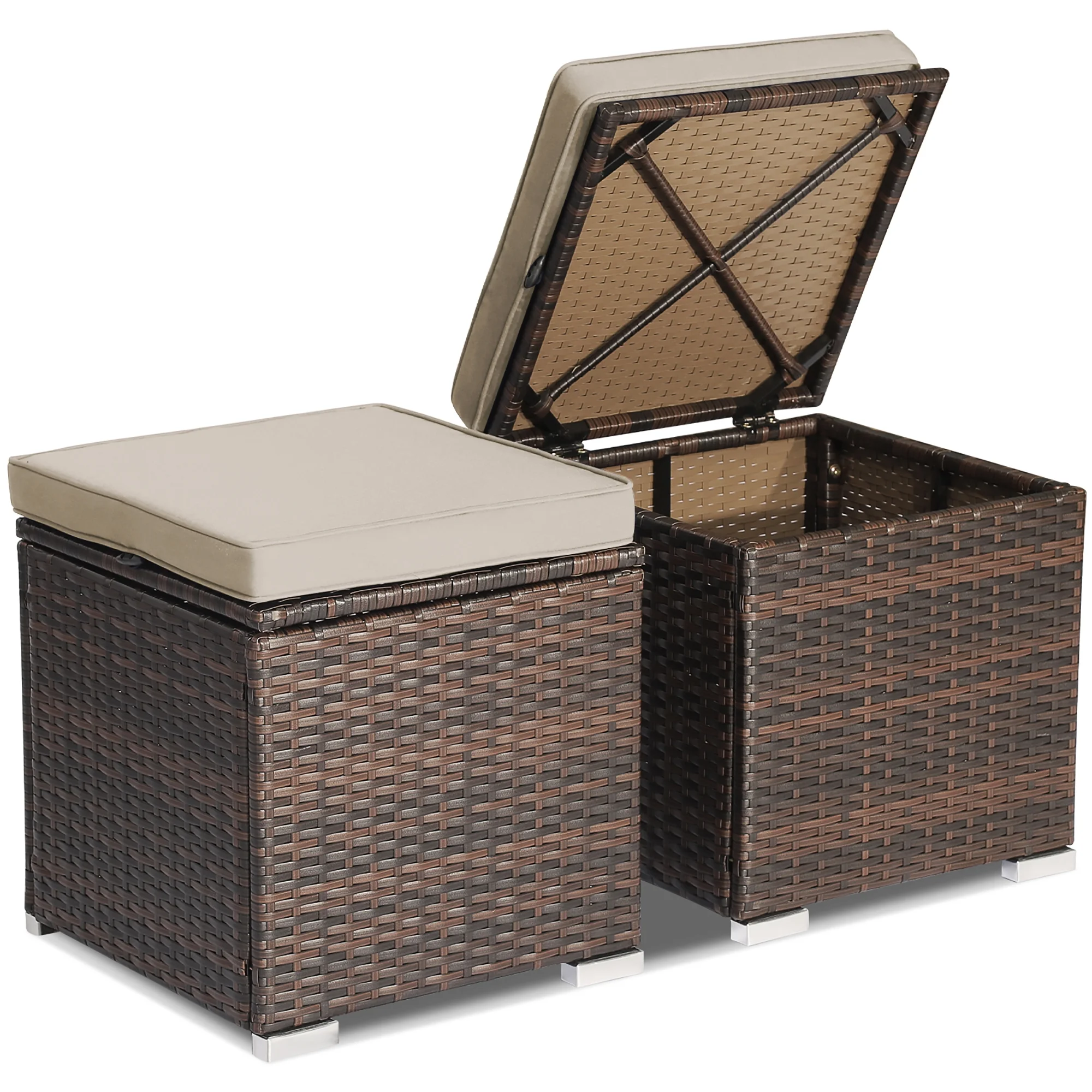 Costway 2PC Patio Rattan Ottoman Seat Side Table Storage Box Footrest Off White