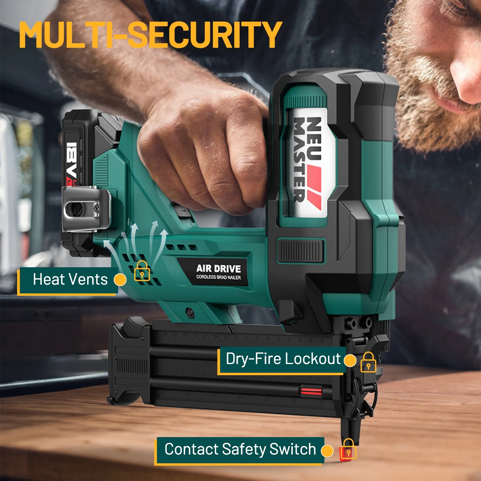 NEU MASTER Cordless Brad Nailer , 18GA 2-Inch Battery-Powered Nail Gun with Depth Adjustment | Includes 20V Battery, Charger, 1800pcs Nails & Storage Case , Ideal for Trim, Molding, Woodwork & DIY Up