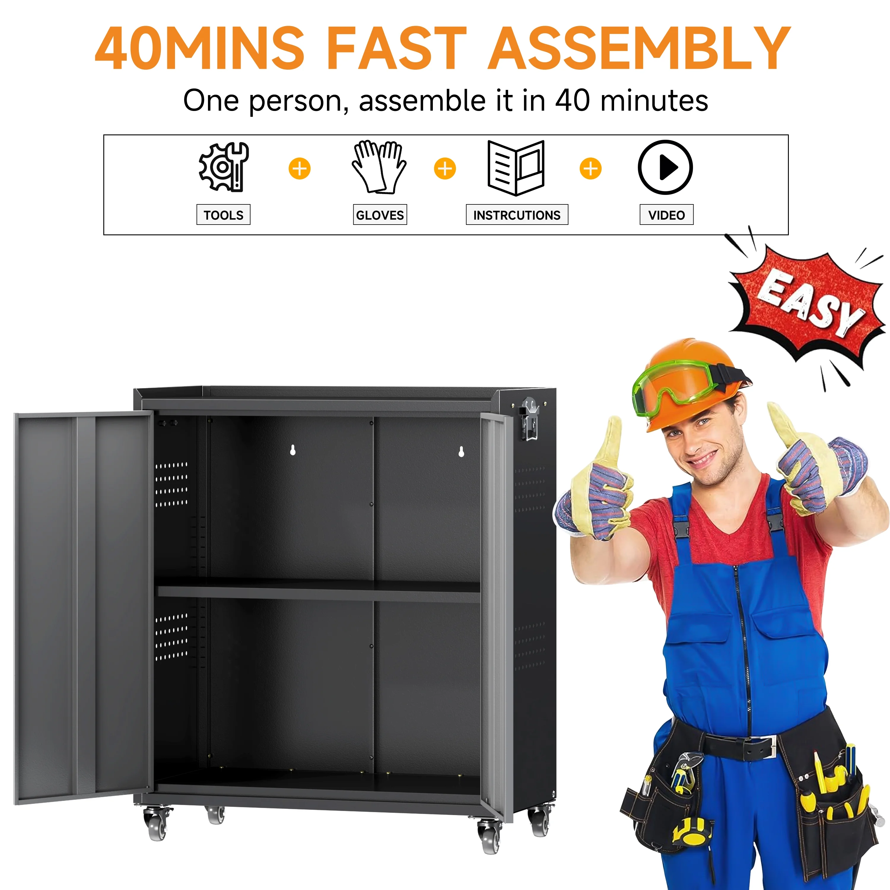 Firstsky Metal Garage Storage Cabinet with Wheels, Adjustable Rolling Tool Storage Cabinet with Lock, 34" Steel Locking Tool Cabinet with Doors and Shelves-Black&Gray, 34.3" H-