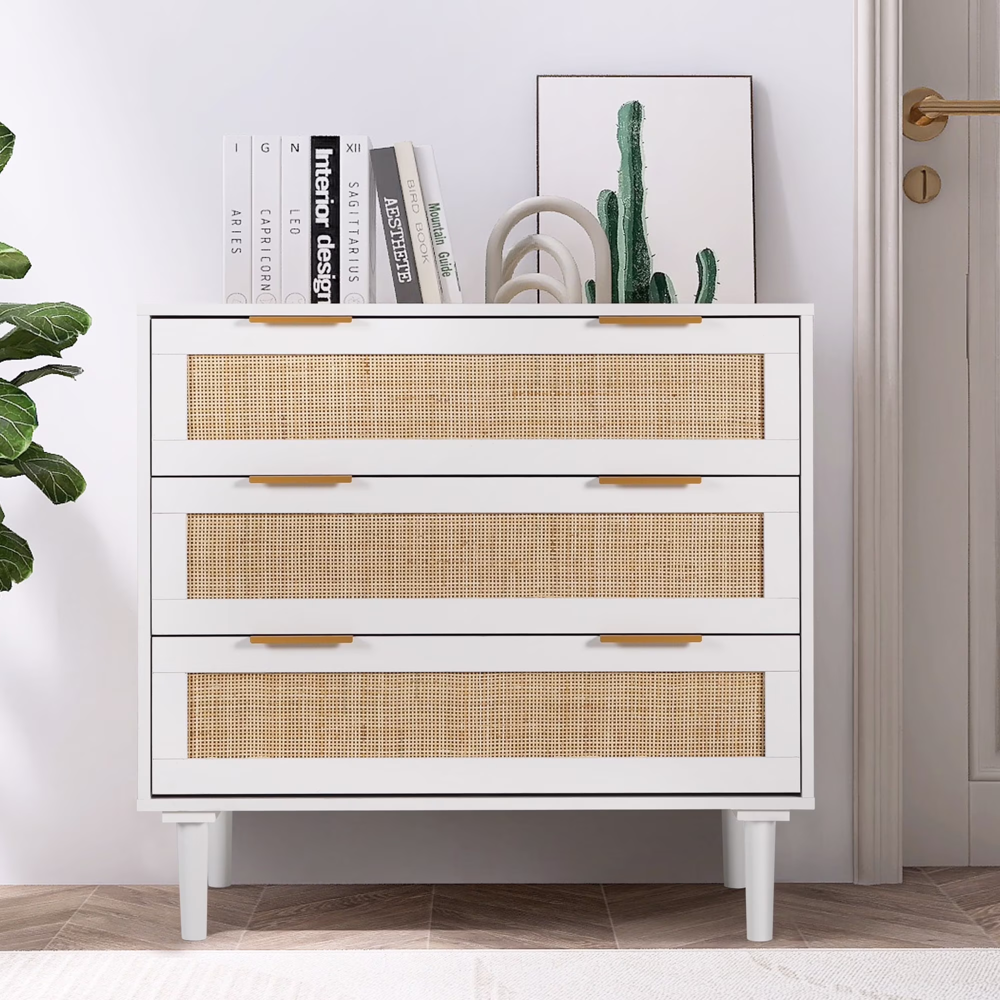 LAZZO 3 Modern Drawer Dresser Rattan, Wooden Dresser Chest of Large Storage Cabinet