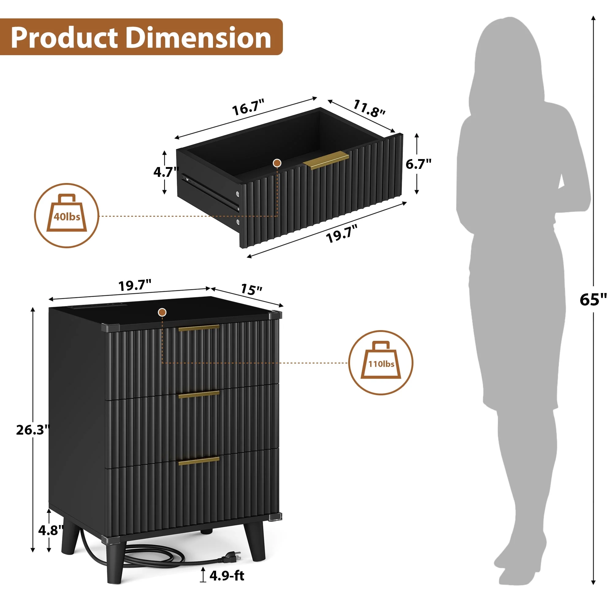 Laintene 3-Piece Boho Bedroom Set - 6-Drawer Dresser & 2 Nightstands with 3 Drawers & USB Charging, Fluted Wooden Storage, Modern Dresser & Nightstand Combo, Natural