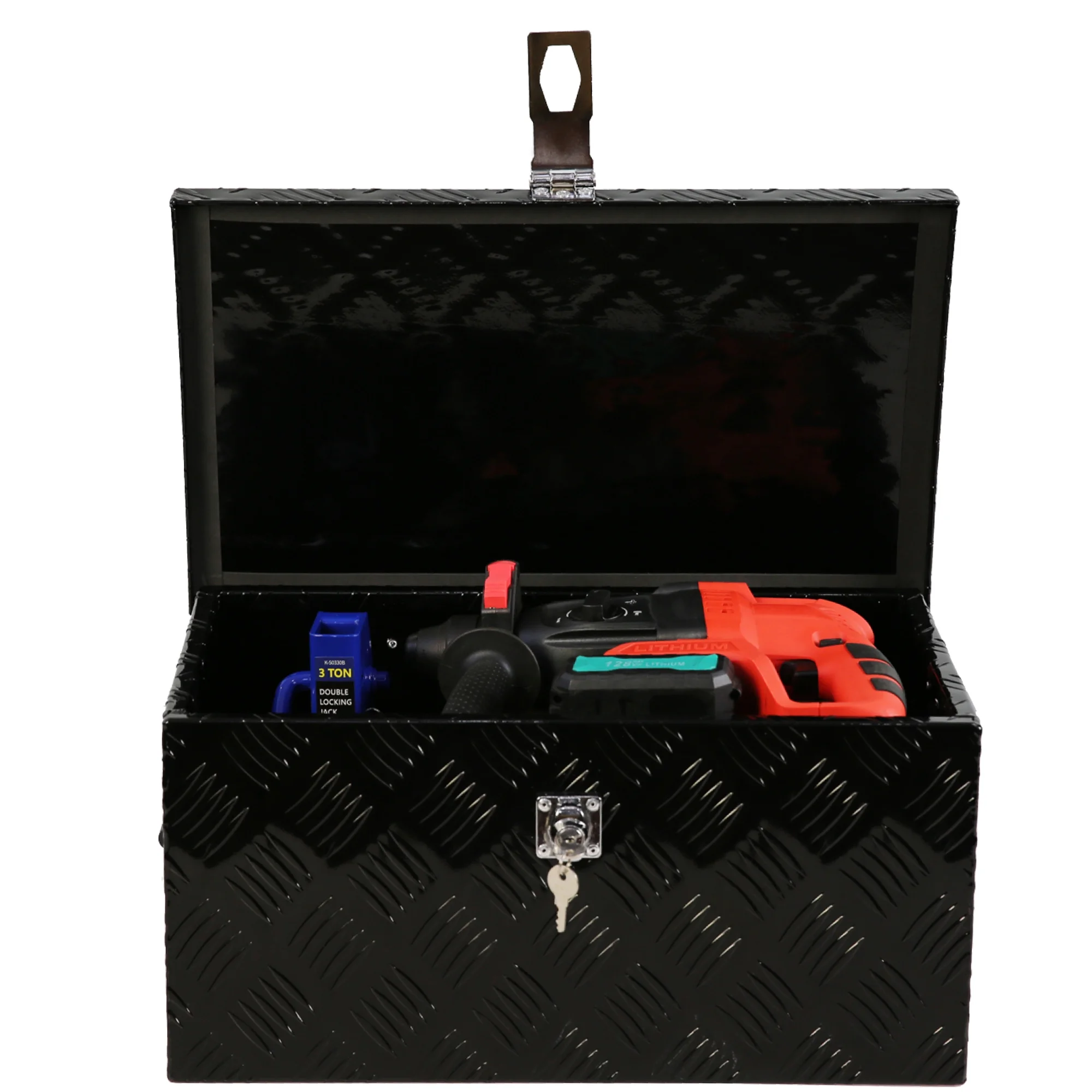 20'' Metal Truck Tool Box, Aluminum Tool Box Storage Organizer for Truck Bed Trailer Pickup ATV, Lockable Tools Underbody Organizer W/Side Handle, Black Anti-collision Design