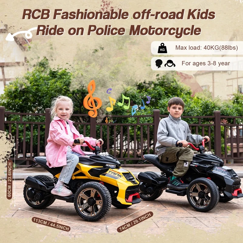 RCB 12V Electric Ride-On,Dual Motors,Music,Up to 5 mph,3 Wheel ATV Style for Kids Ages 3+,Black