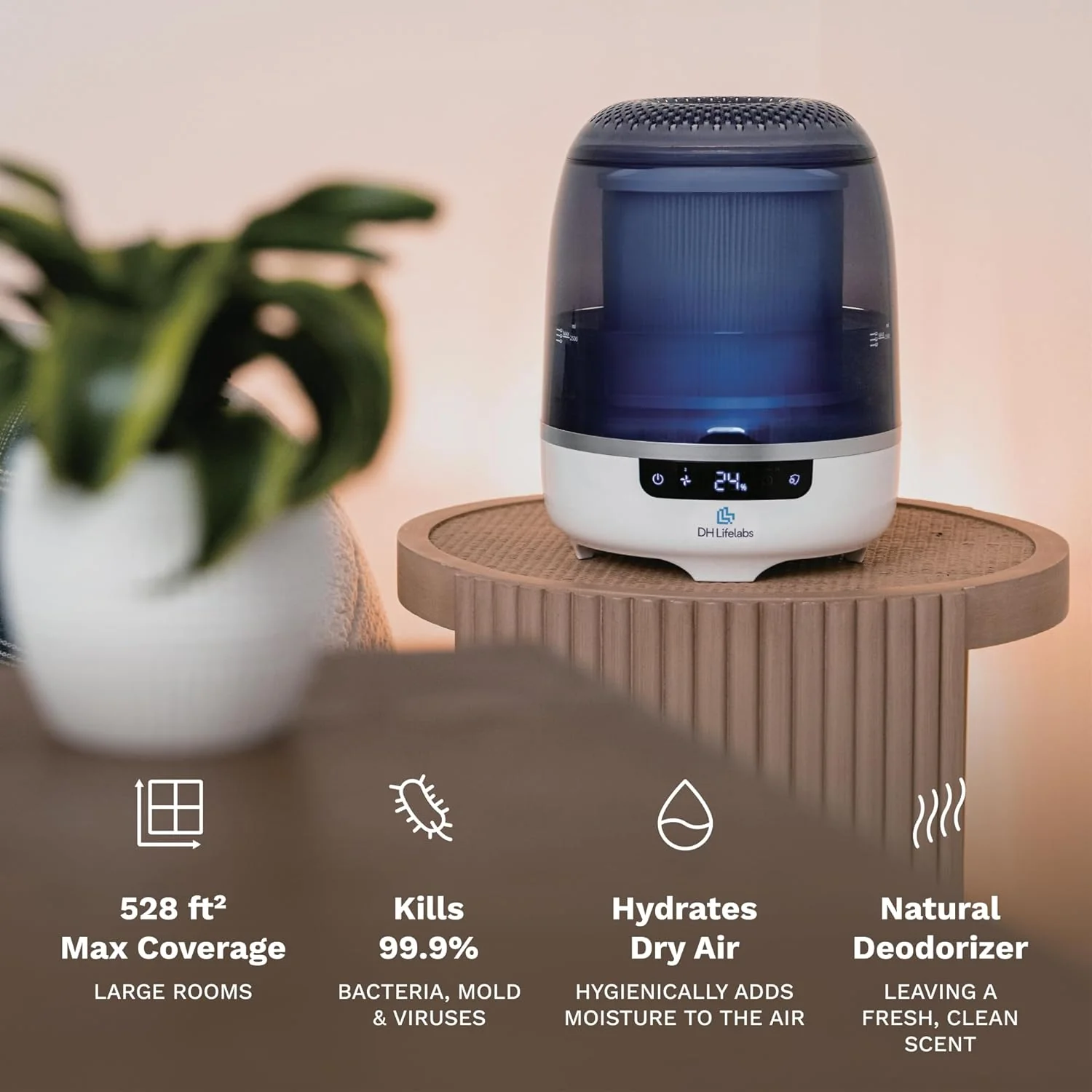 Bedroom Evaporative Humidifier, Humidifier and Air Purifier in One, with HOCL Generator, Mildew Remover, Pet Smoking Odor Eliminator, 538 Square Feet, Blue