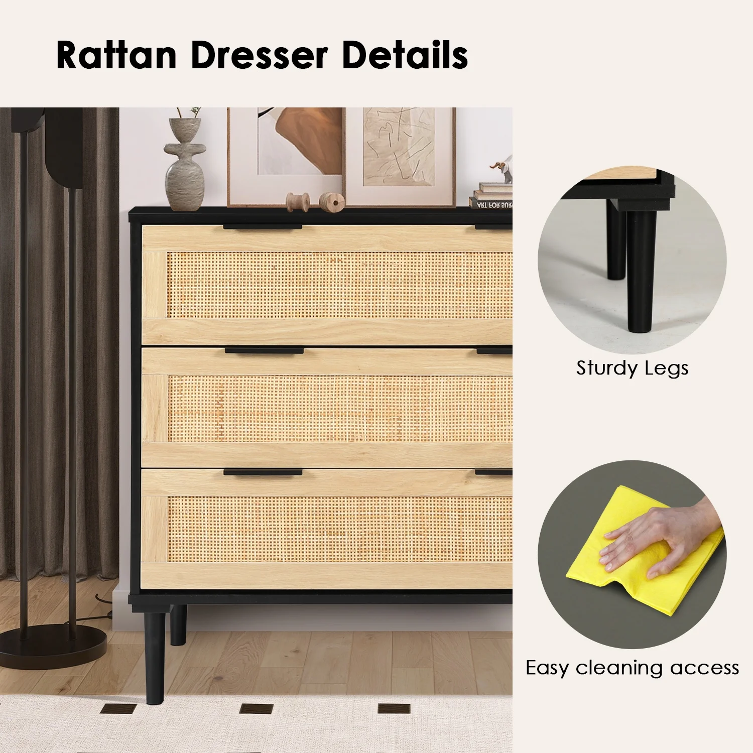 LAZZO 3 Modern Drawer Dresser Rattan, Wooden Dresser Chest of Large Storage Cabinet