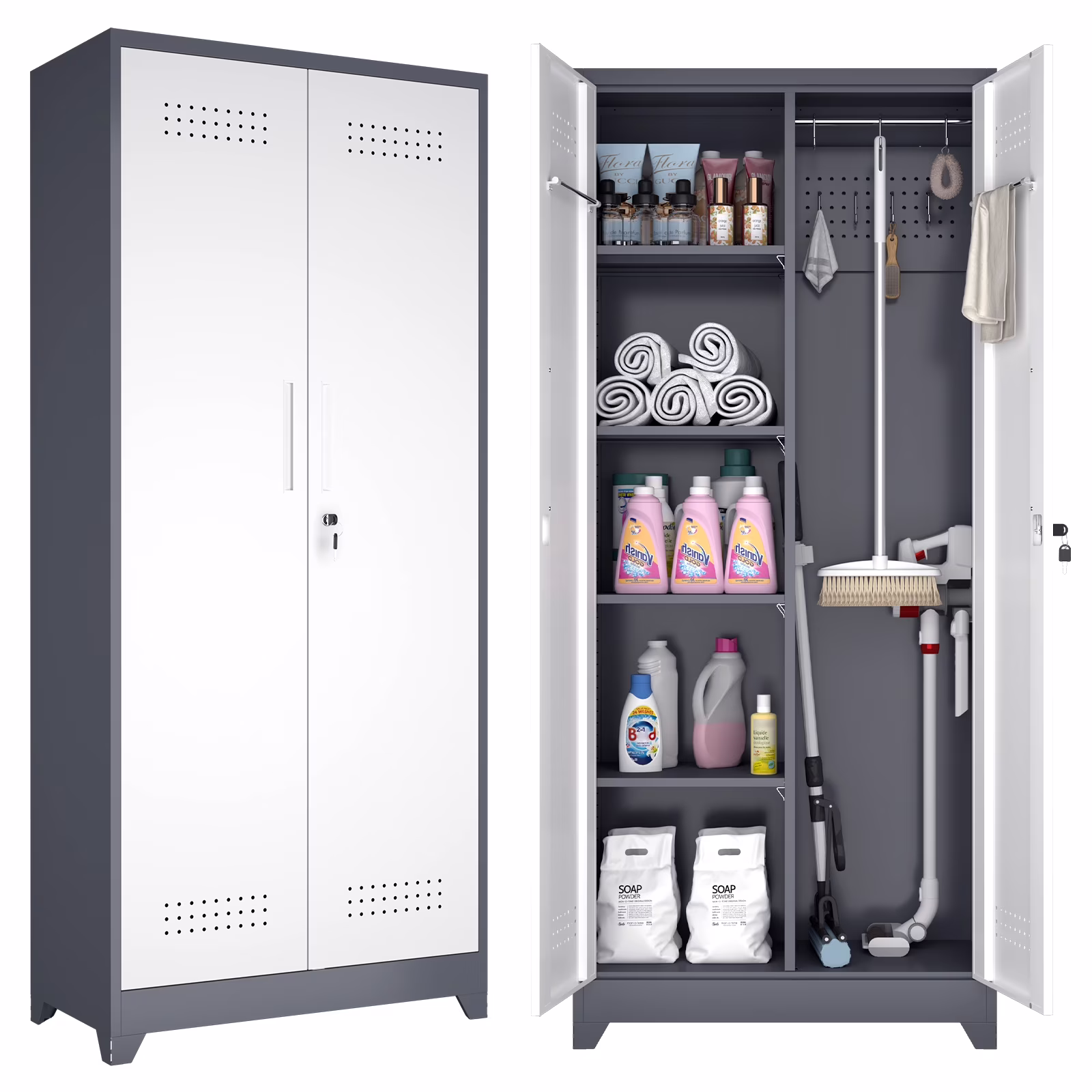 Marcree Broom Closet with Locking Doors,72.8-H Cleaning Tool Storage Cabinet with Hanging Rod & Hooks,Heavy-Duty Tool Garage Storage Cabinet for Utility Room,Grey