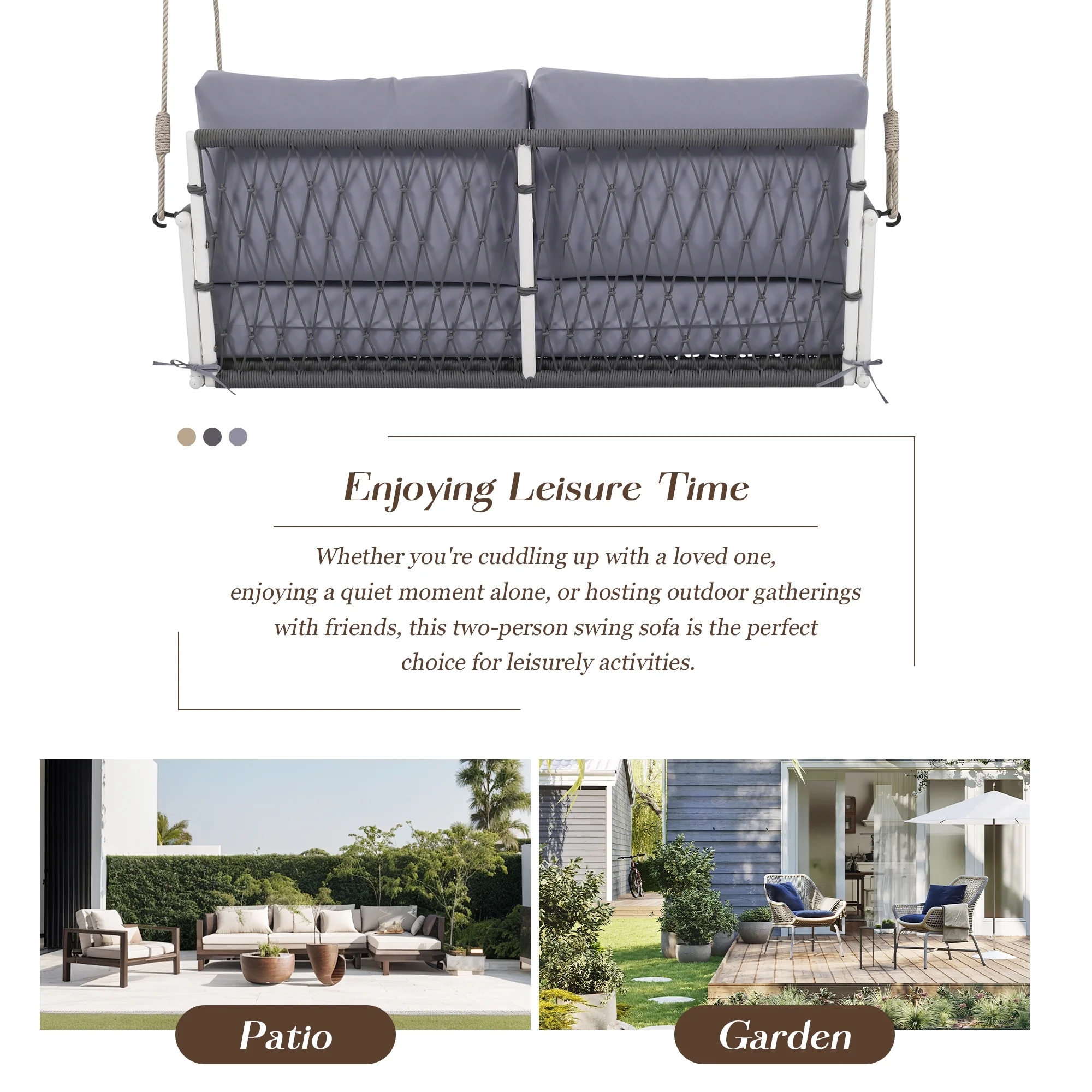 Harper & Bright Designs PE Ratten Porch Swing Chair, 2-Seater Hanging Swing Bench with Chains, All Weather Design Patio Furniture Swing for Backyard Garden Poolside, Grey and White