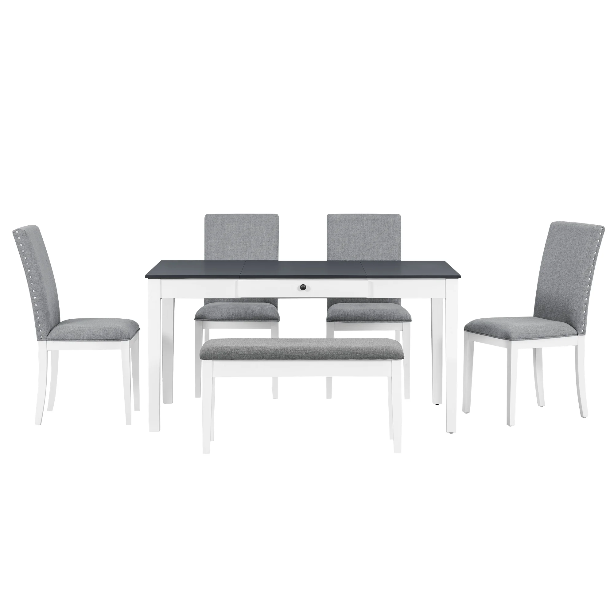 Harper & Bright Designs 6 Pieces Dining Table Set with Bench for 6, Kitchen Table Set with Storage Drawer and 4 Upholstered Dining Chairs, Dark Brown