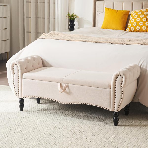 Furniliving Modern Storage Ottoman Bench, Sherpa Ottoman End of Bed Bench with Solid Wood Legs Upholstered Ottoman Benches with Storage Indoor Bench for Living Room with Rolled Arm, Entryway, White