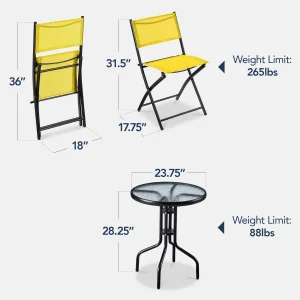 Best Choice Products 3-Piece Patio Bistro Dining Furniture Set w/ Glass Tabletop, Folding Chairs - Gray