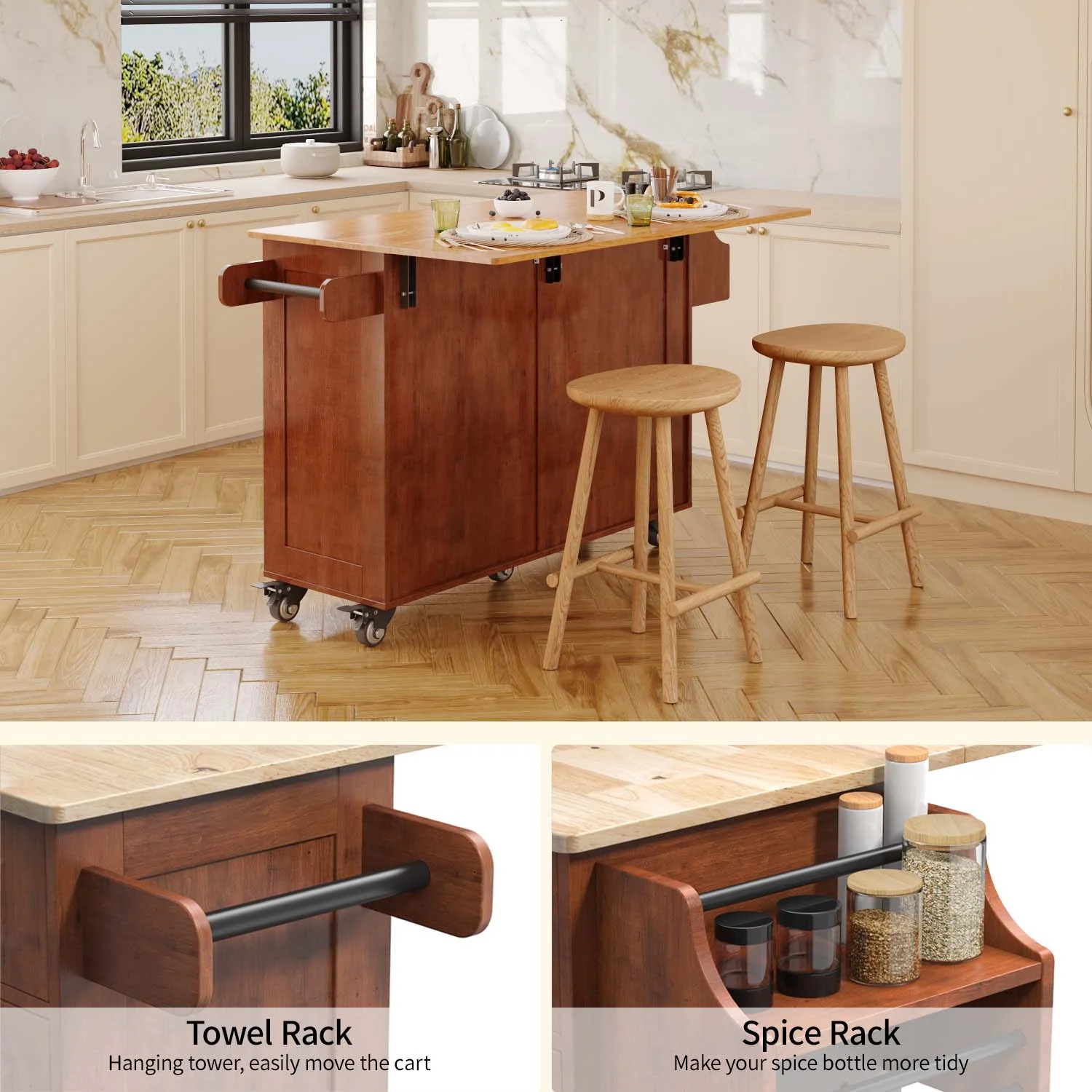 Lofka 52-Inch Kitchen Island with Storage on Wheels with Wood Drop Leaf, Ideal for Small Kitchens