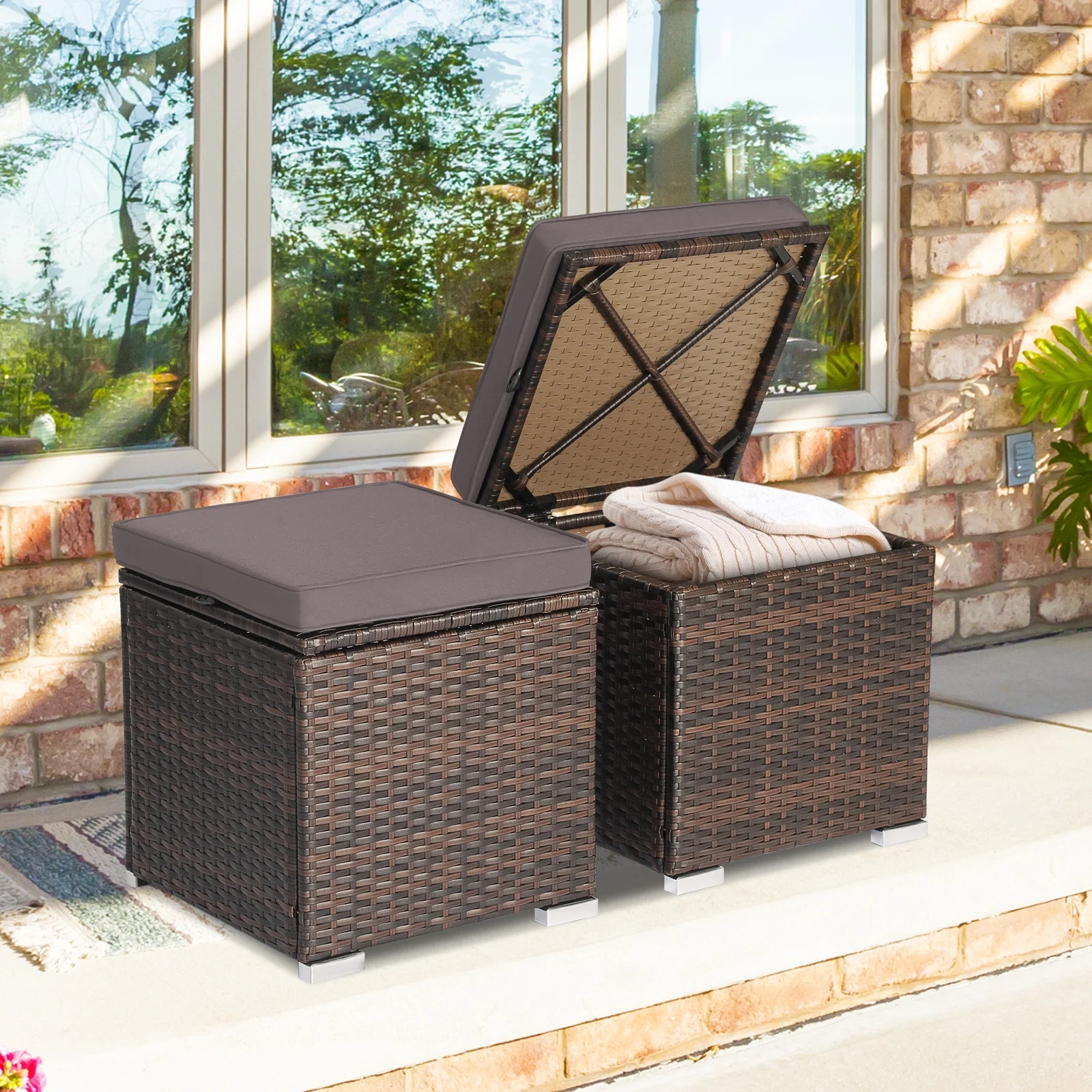 Costway 2PC Patio Rattan Ottoman Seat Side Table Storage Box Footrest Off White