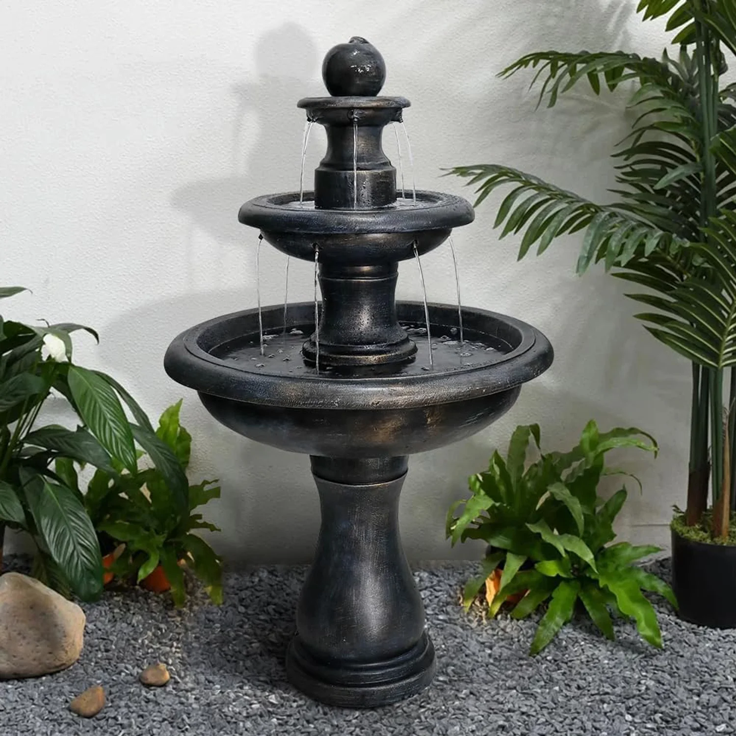 48-?H Outdoor Floor Water Fountain, 3-Tiers Concrete Water Fountain with Submersible Electric Pump - Garden Cascading Waterfall for Yard Patio Lawn Home Decor