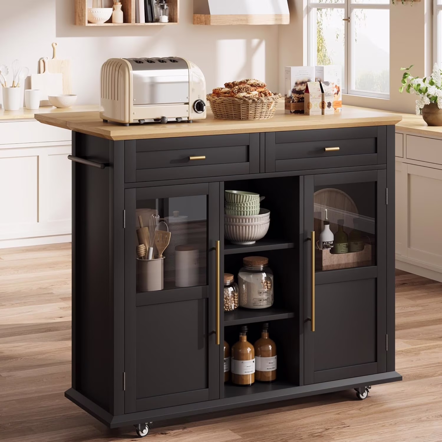 WALYWIK Foldable Kitchen Island Cart with Wheels, 2 Glass Doors, Spice Rack & Towel Holder -C Compact Mobile Storage Cart for Small Kitchens, Dining Rooms, Camping & RVs - Grey