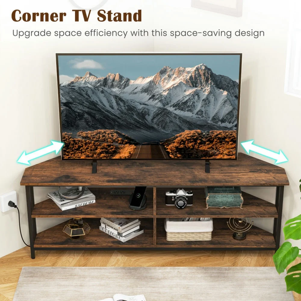 Canddidliike 3-Tier Corner TV Stand for TVs up to 65 Inches with Charging Station- Rustic Brown, Cabinet Media Console with Storage for Living Room Bedroom