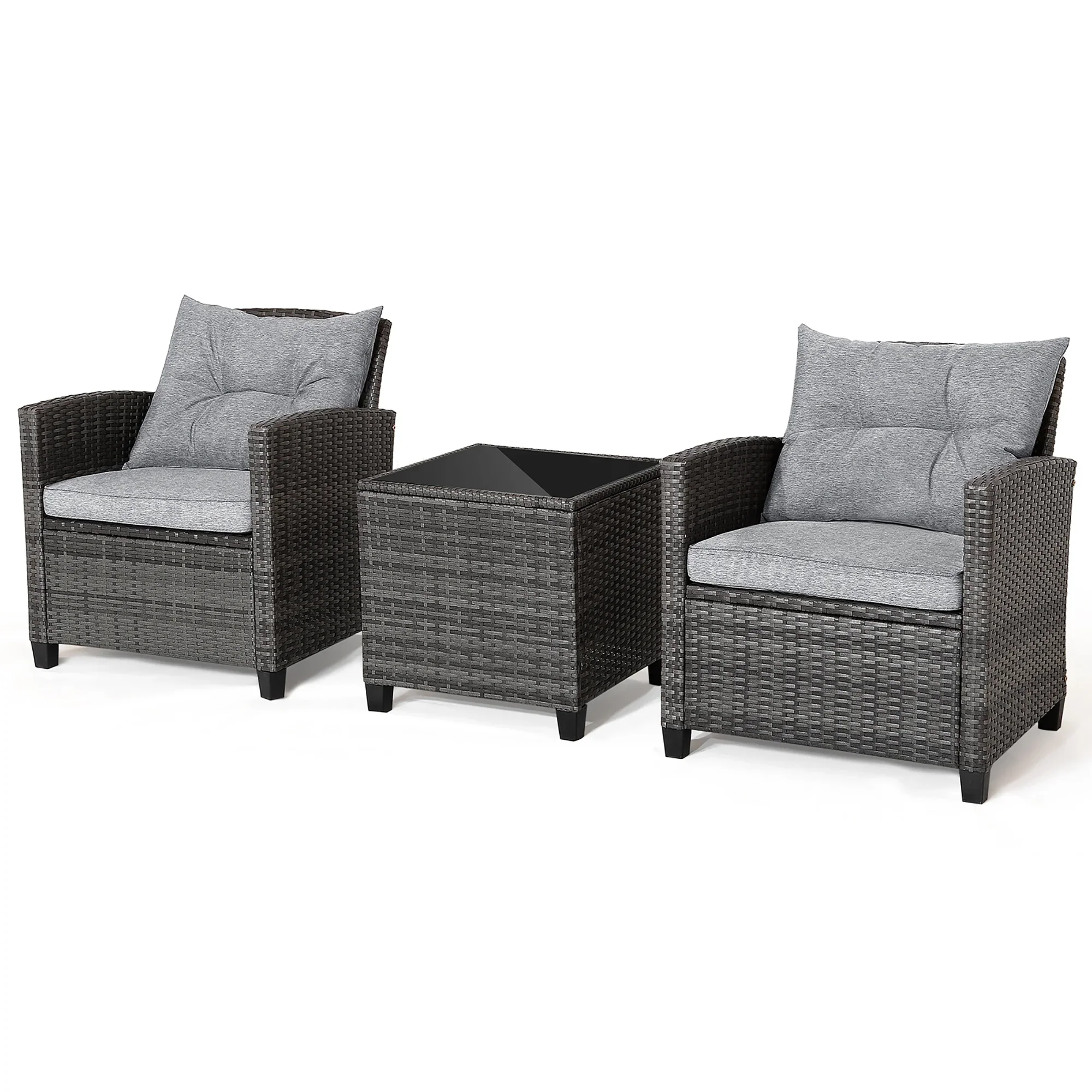 Gymax 3PCS Patio Rattan Sofa Set Outdoor Wicker Conversation Set Glass Tabletop w/ Grey Cushion