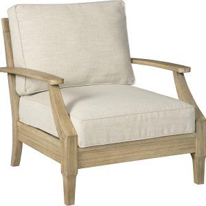 Signature Design by Ashley Clare View Coastal Outdoor Patio Eucalyptus Sofa with Cushions, Beige