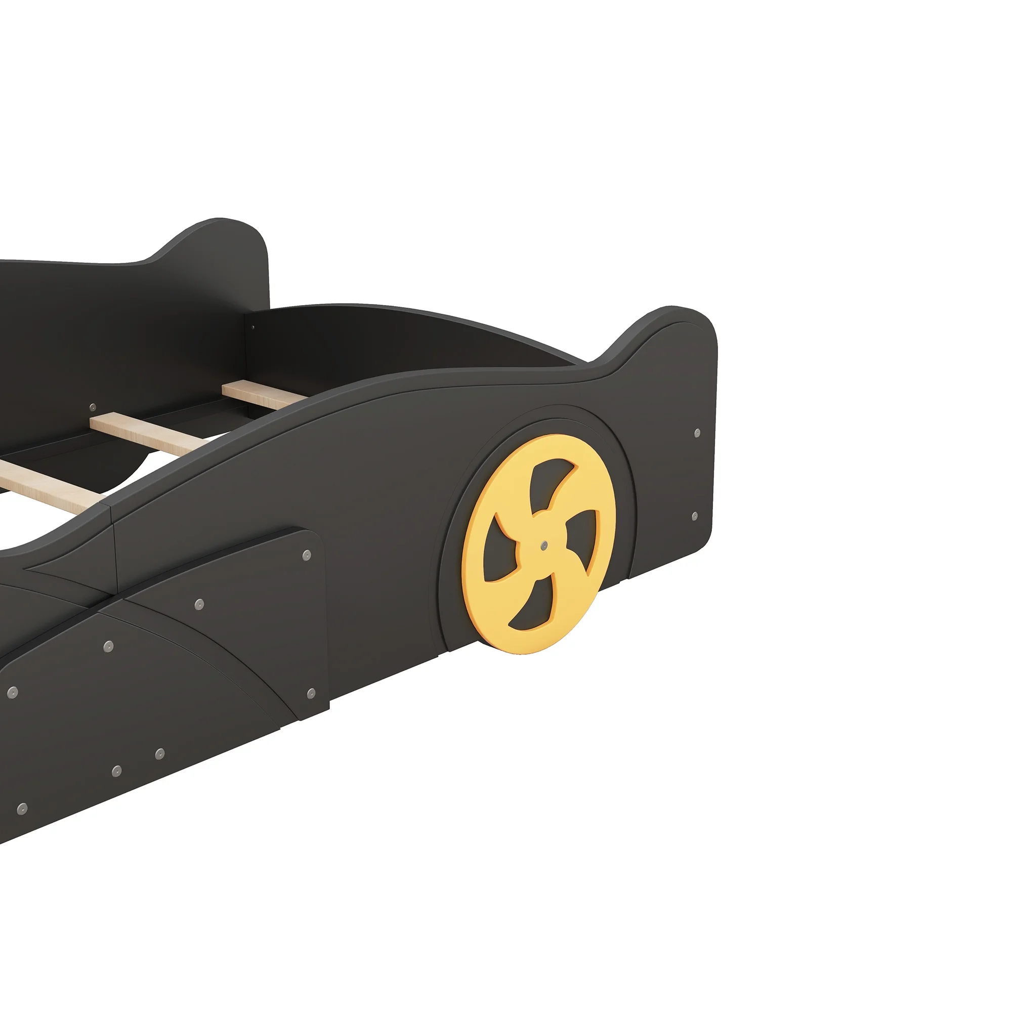 Euroco Car-Shaped Twin Size Platform Bed with Tires and Storage Cabinet for Kids Bedroom, Black