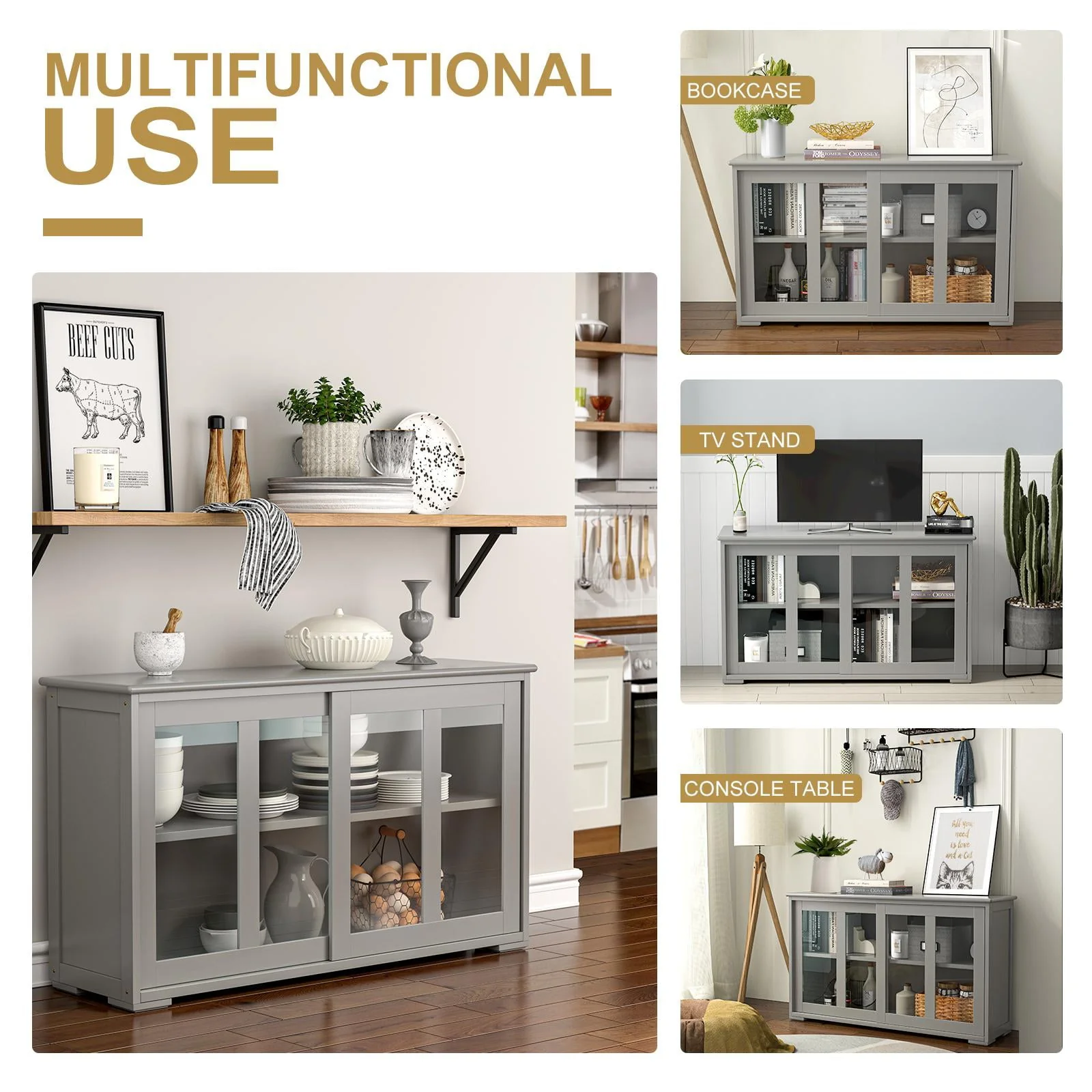 Giantex Stackable Buffet Cabinet, Kitchen Storage Cabinet with Sliding Tempered Glass Doors, Small Sideboard for Kitchen, Dining Room or Living Room, Grey