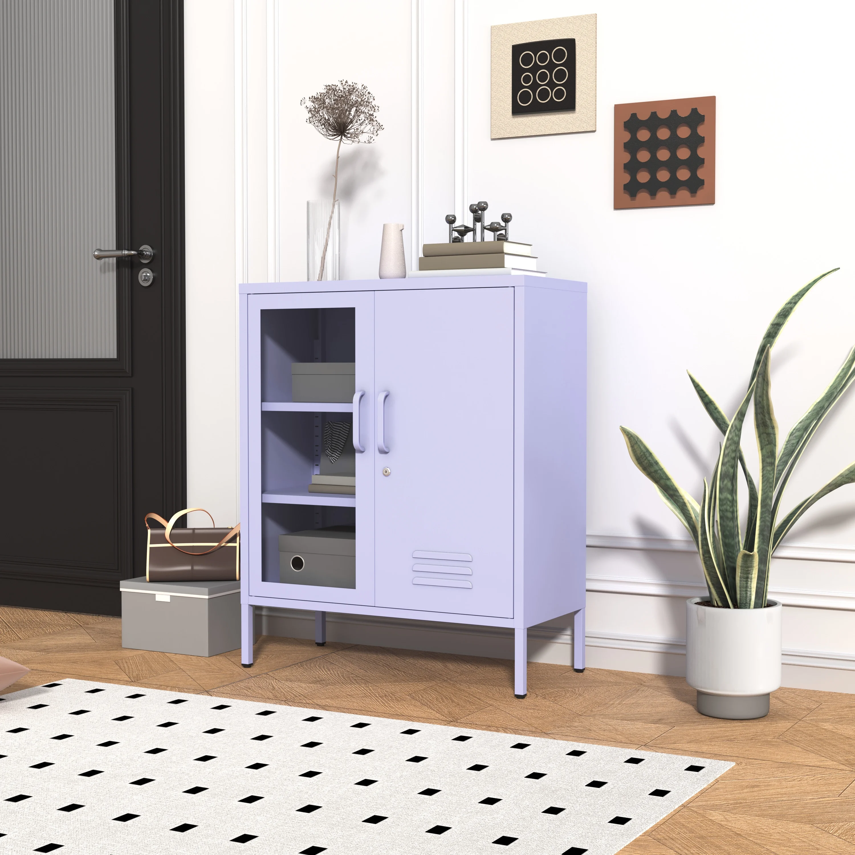 33 Inch Glass And Metal Storage Cabinet Adjustable Shelves 2 Door Lockable Lockers 3 Layer Multipurpose Lockers Laundry Room Or Utility Room Cabinet Home Purple Size- 33"H X 29.5"W X 13.8"D