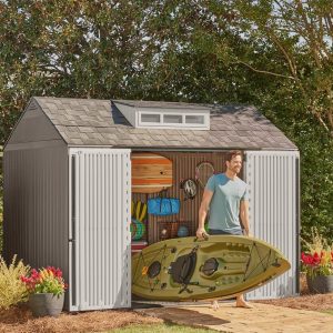 Rubbermaid Resin Outdoor Storage Shed With Floor Weather Resistant Gray Organization for Home