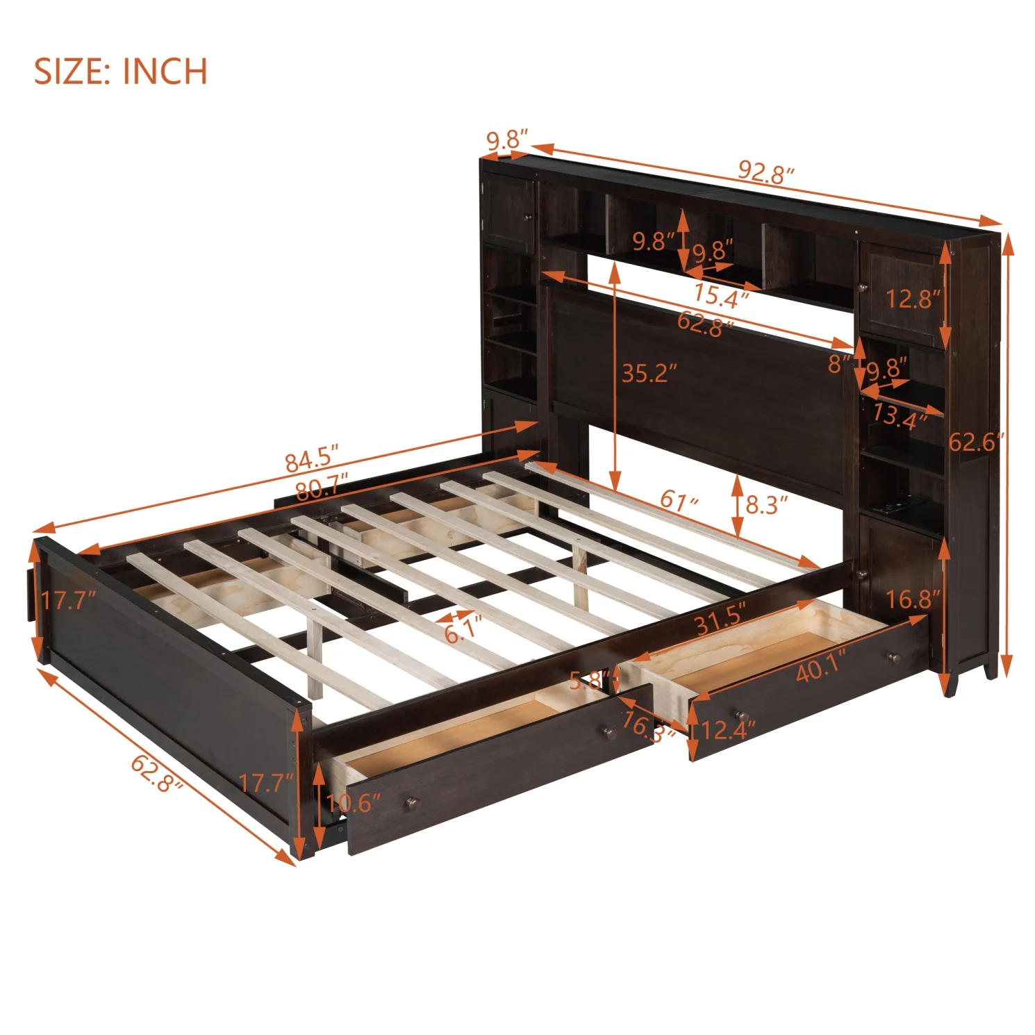 Queen Size Bed Frame with Headboard Storage and Outlet, Modern Solid Wood Storage Bed with 4 Underbed Drawers, Durable and Noiseless,Espresso
