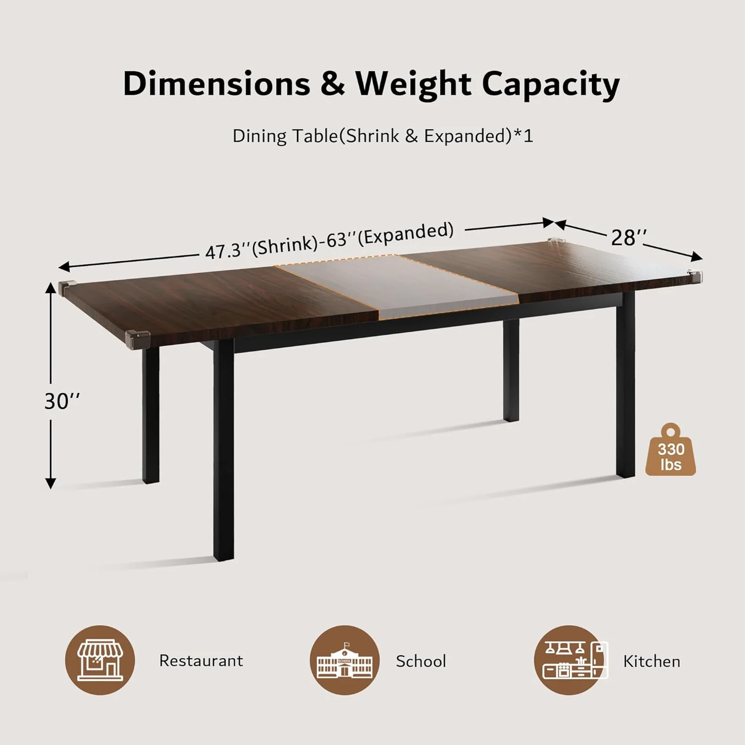 iPormis 63" Extendable Dining Table for 4-8, Square Wooden Dining Room Table with Metal Base, Modern Extendable Table for Small Kitchens, Dining Office Areas, Black