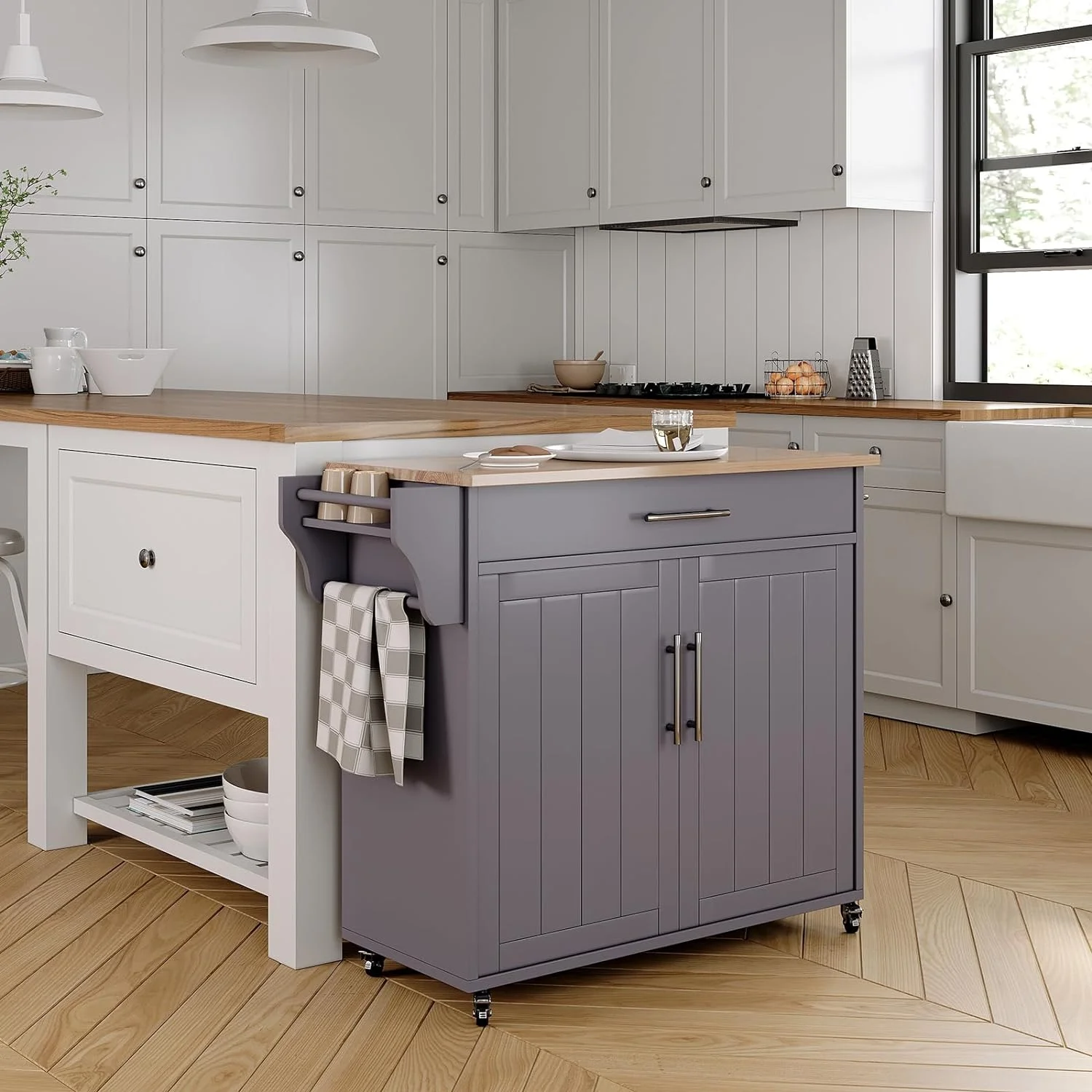 Soscana Kitchen Island Storage,Rolling Kitchen Island with Wheels,Kitchen Cart with Storage Rack & Drawer,Solid Wood Countertop,Kitchen Kitchenware Storage Rack Operation Console,White
