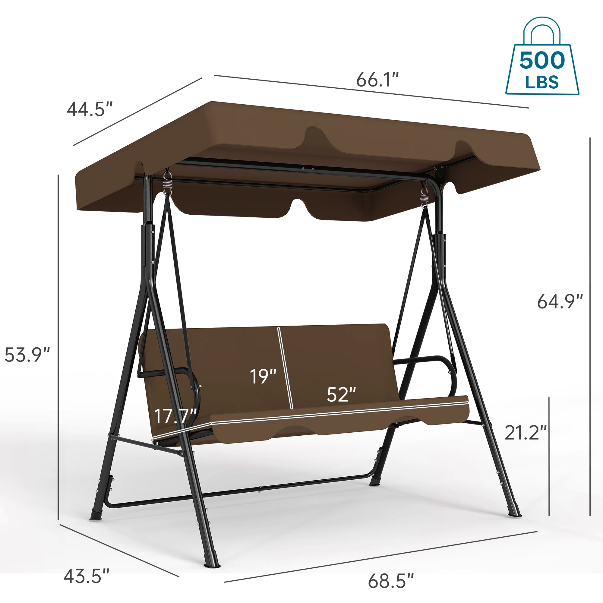 Melocadol 3 Seats Outdoor Porch Swing Glider, Patio Swing Chair with All Weather Covered Canopy and Rust Proof Heavy Duty Stand, for Garden, Lawn, or Backyard, Black