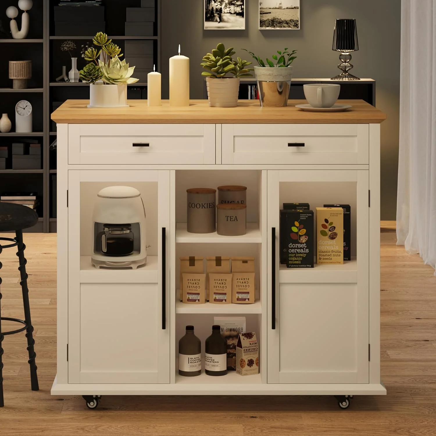 WALYWIK Foldable Kitchen Island Cart with Wheels, 2 Glass Doors, Spice Rack & Towel Holder -C Compact Mobile Storage Cart for Small Kitchens, Dining Rooms, Camping & RVs - Grey