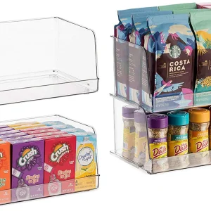 Set Of 4 Clear Pantry Organizer Bins Stackable Household Plastic Food Storage Basket with Wide Open Front for Kitchen, Countertops, Cabinets, Refrigerator, Freezer, Bedrooms, Bathrooms - 12" Wide