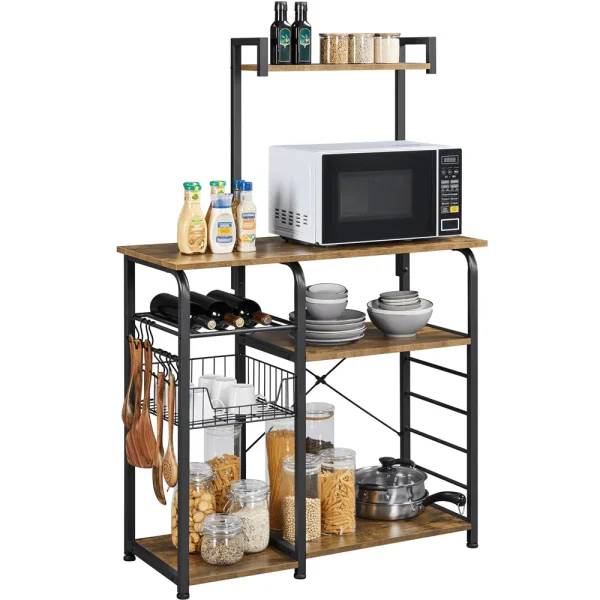 Alden Design 35.5" Kitchen Storage Shelf Baker's Rack with 10 Hooks, Rustic Brown