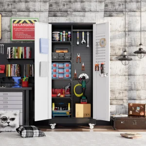 GangMei 71-Inch Metal Lockable Storage Cabinet with Pegboards and 5 adjustable shelves, White, Assembly Required