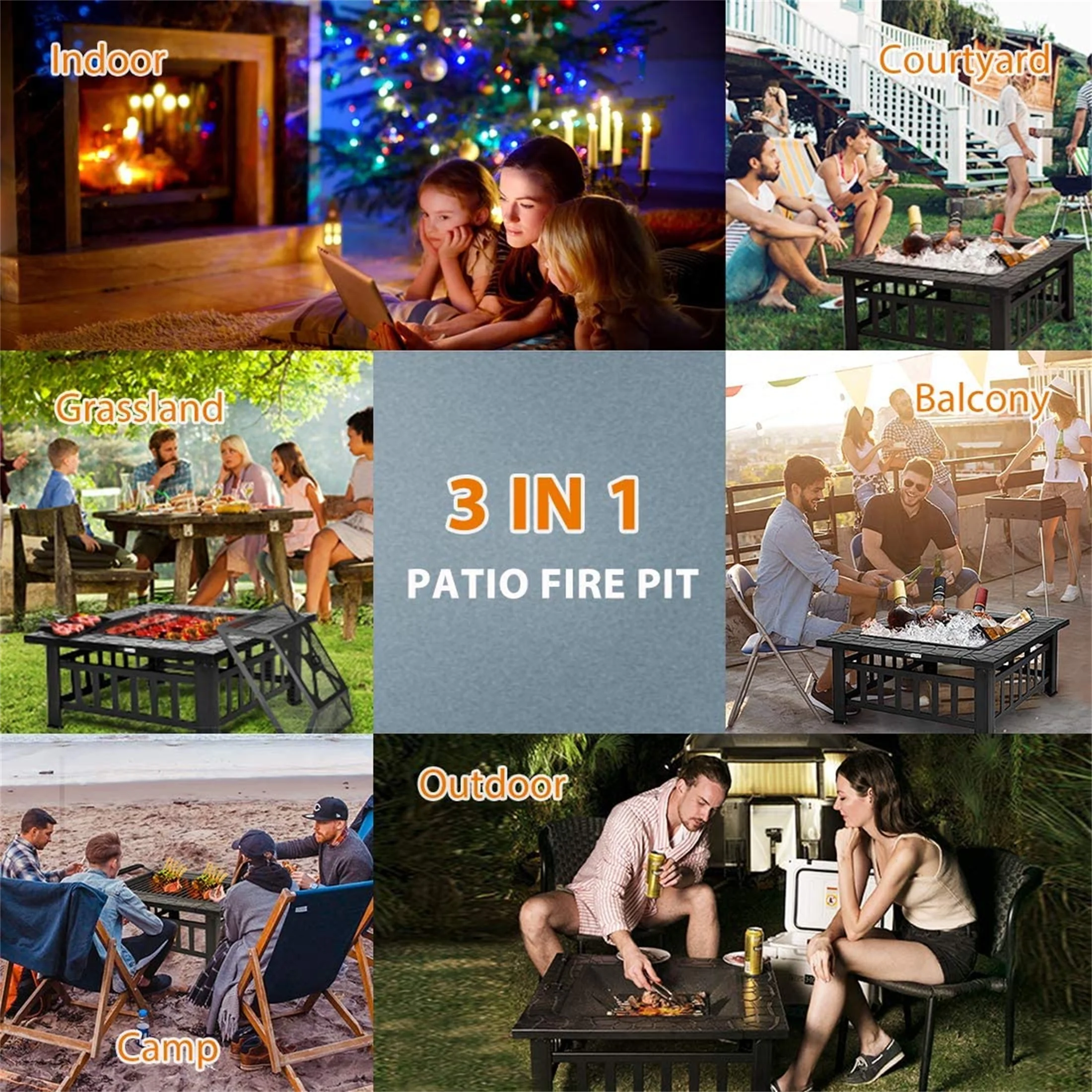 Fire Pits for Outside, UHOMEPRO 32" Square Iron Fire Pit Backyard Patio Garden Stove Wood Burning Fire Pit w/ BBQ Net, Waterprrof Cover, Mesh Screen Lid, Wood Grate, Poker, Durable Fire Pit