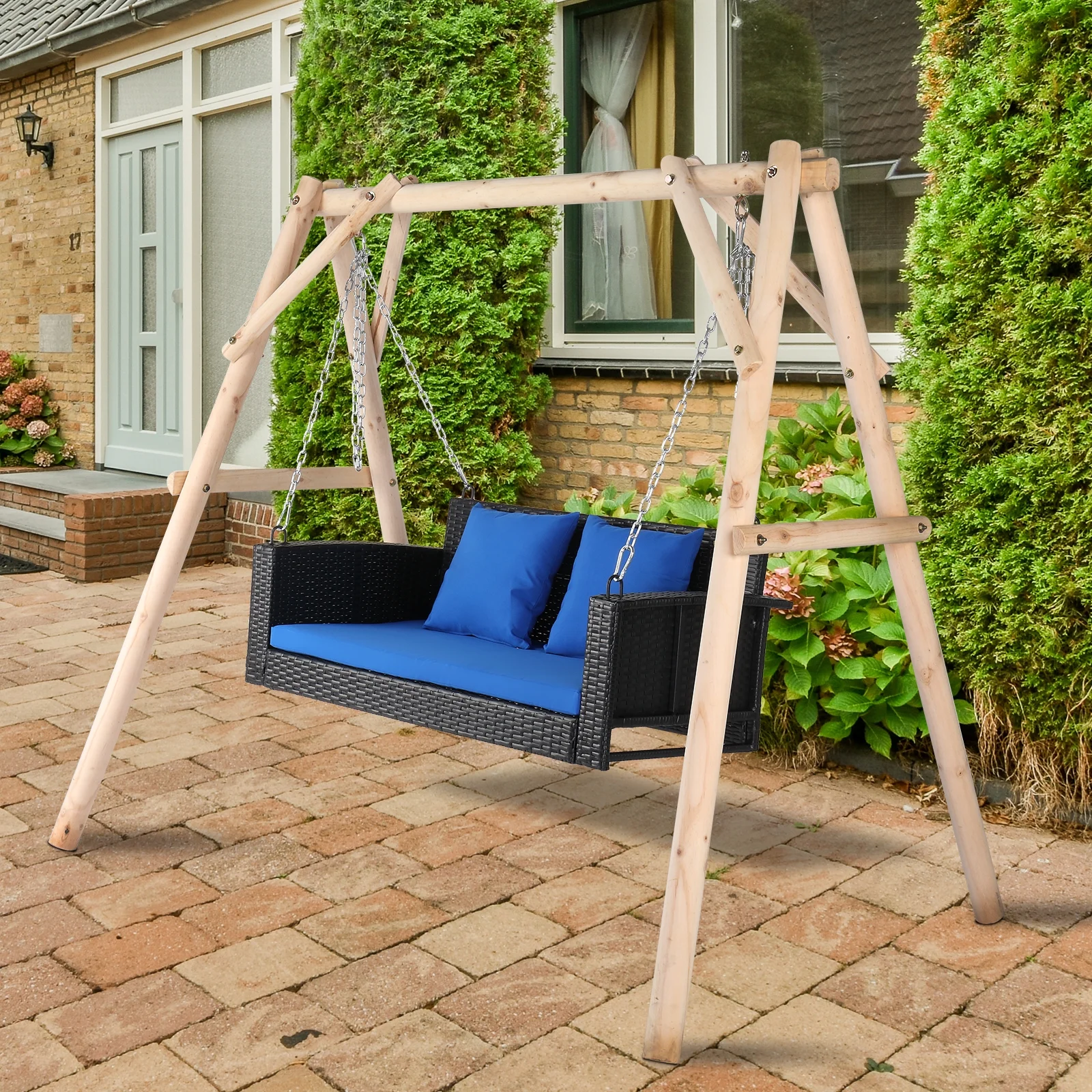 Zimtown Patio Rattn Wicker Swing, Outdoor Bench w/ Blue Cushion, Outdoor Seat Garden Swing for 2 Person
