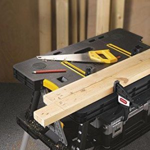 Keter ?C 197283 Folding Table Work Bench for Miter Saw Stand Woodworking Tools and Accessories with Included 12 Inch Wood Clamps ?C Easy Garage Storage Black/Yellow