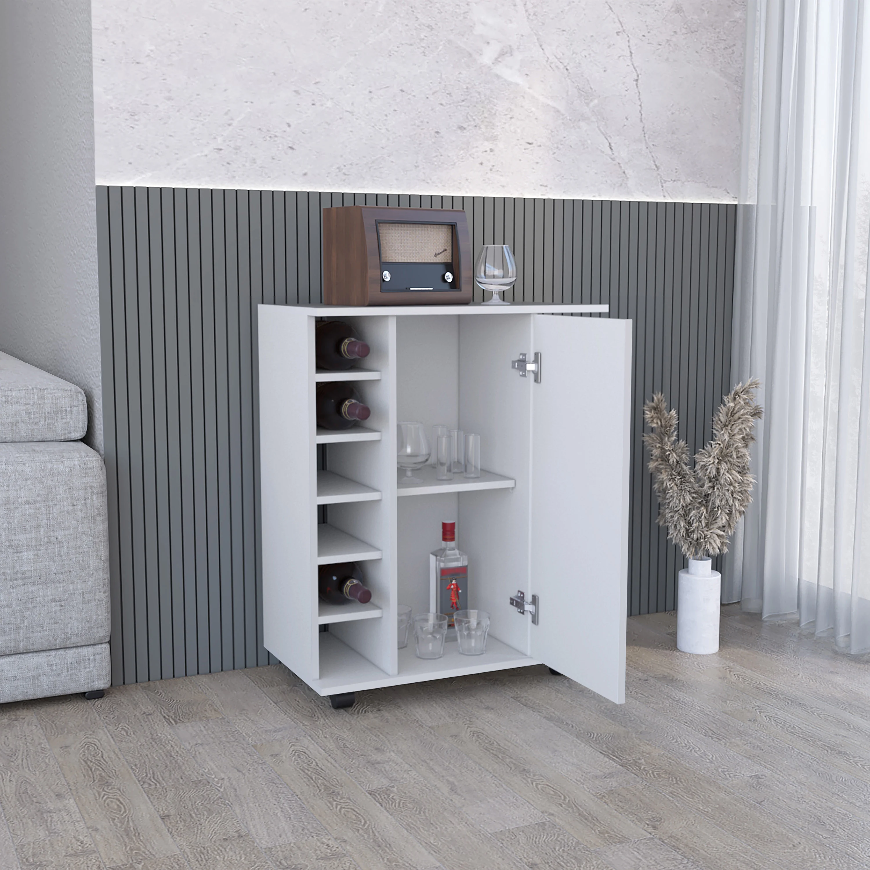 Royard Oaktree Modern Coffee Bar Cabinet wit Wheels, Home Bar Cart with Door, 6-bottle Wine Rack, and Storage Shelves, Small Wine Bar Cabinet for Kitchen, Living Room, Dining Room, White