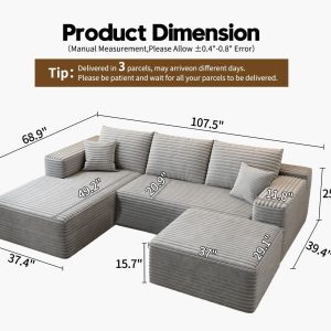 107.5" Cloud Modular Sectional Sofa Couch with L-Shape Chaise,Modern Minimalist Upholstered Couches for Living Room Bedroom,Deep Seat Corner Couch .No Assembly Required (Black,Left Facing Chaise)