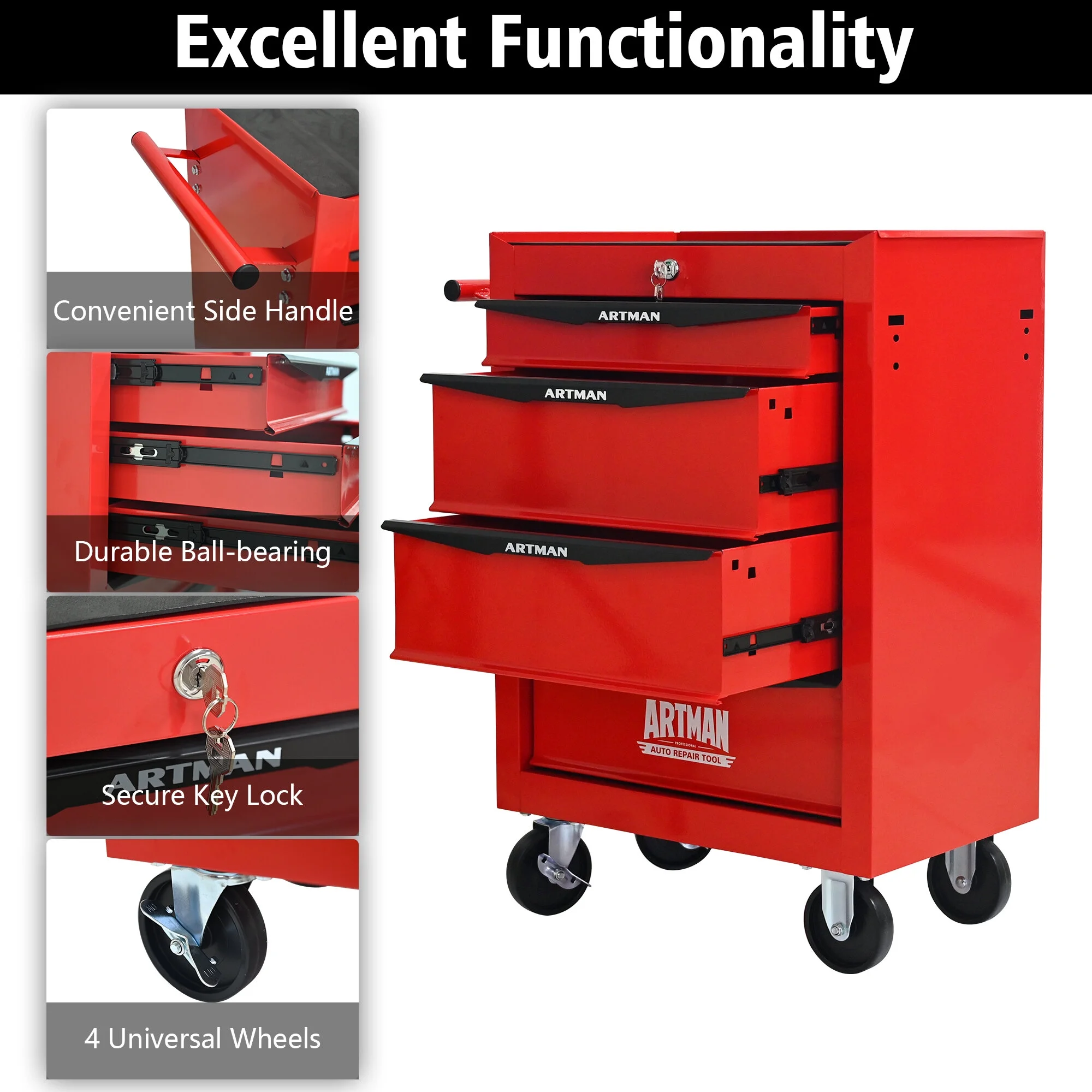 Tool Cabinets 4 Drawers Multifunctional Tool Cart with Wheels,Metal Rolling Tool Cart Storage for Garage Workshop Warehouse Repair Shop--With Stainless Steel Roof- Red&Black,Garage Tool Cabinets
